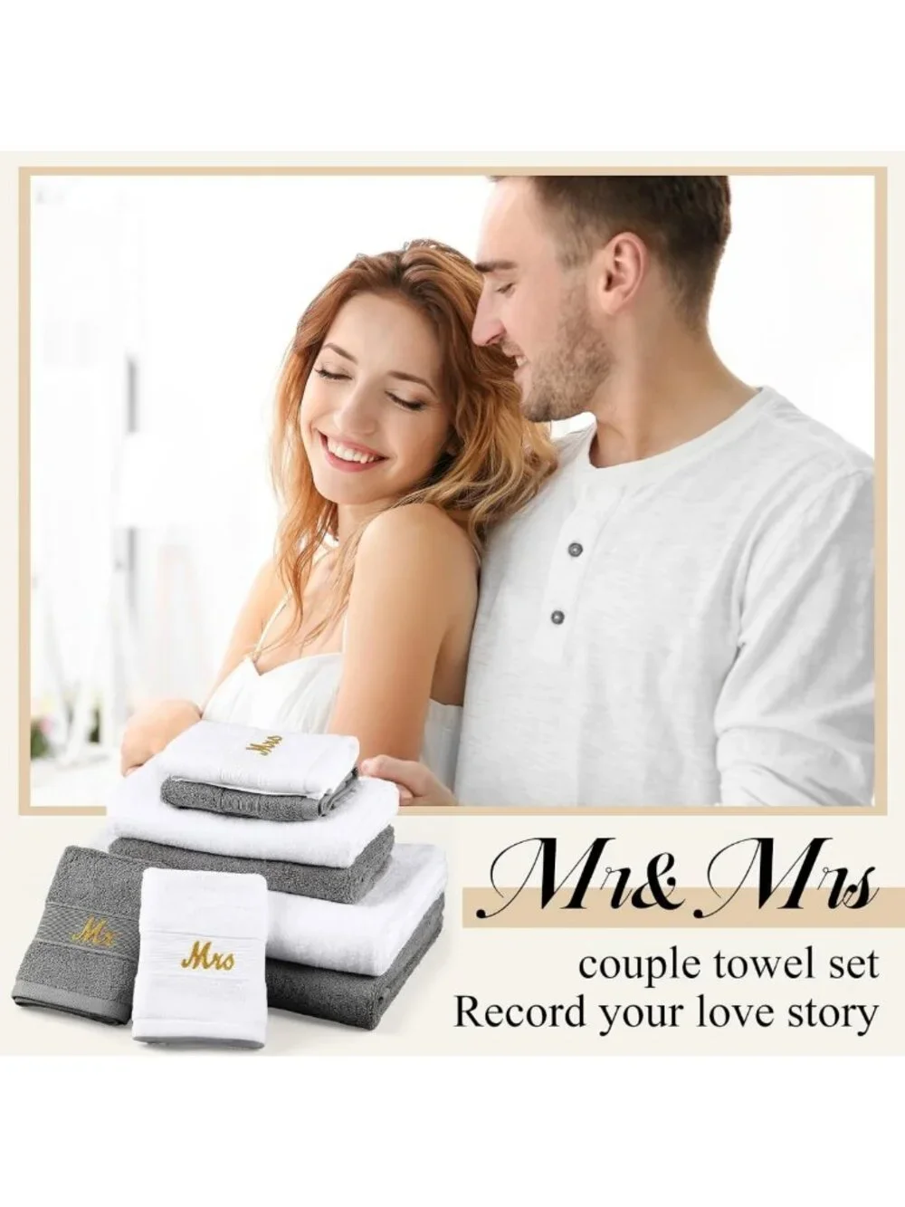 Couples Mr & Mrs Towel Set, 6 Pcs, Soft Grey & White, Perfect Wedding Gift
